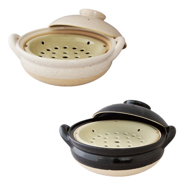 長谷園 ヘルシー蒸し鍋 大 白 黒 直火専用 長谷製陶【3～5人用 卓上鍋