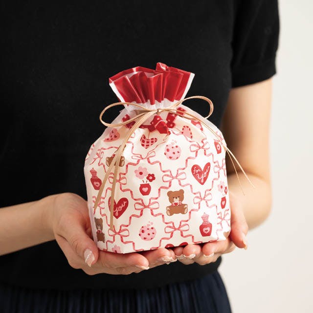 ヘッズ ラッピング袋 巾着 W180×D80×H180mm レッド 20枚 リボン