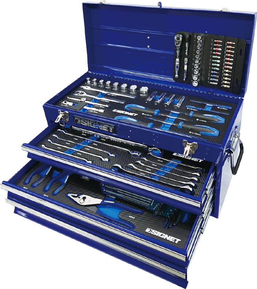 SIGNET 85点組 3/8DR・1/4DR 3段 ツールボックス 工具セット ブルー