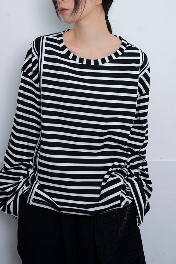 Nora Lily】 Border Over Long Sleeve Top(UNISEX)-BLACK Border