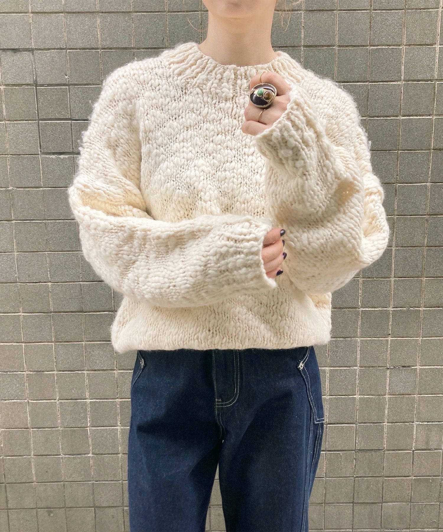 スラブヤーンリボンデザインハンドニット | Slub yarn ribbon design