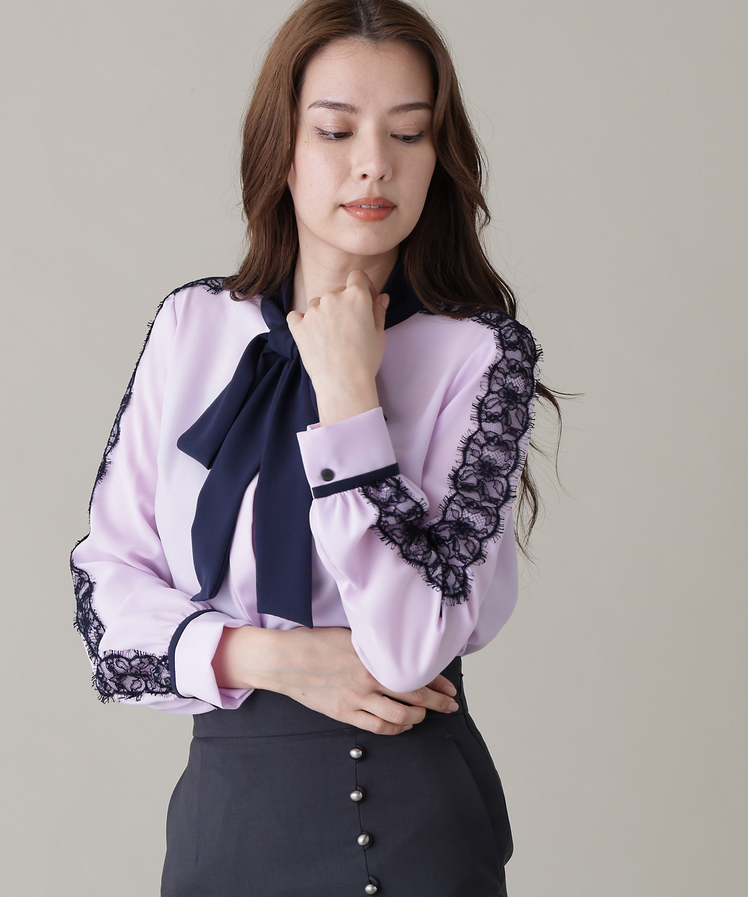 レースコンビバイカラーリボンブラウス（0316110325