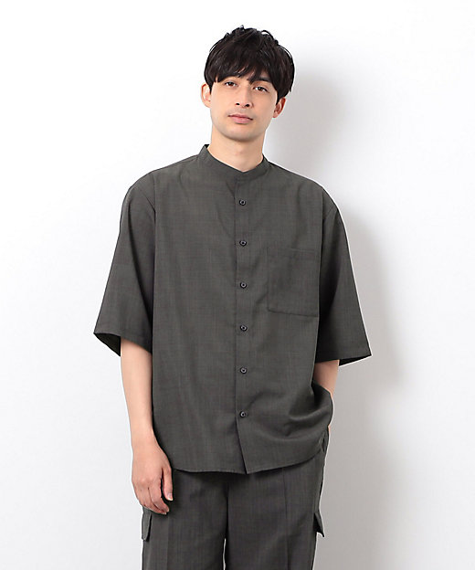 セットアップ対応】リネンライク ポリエステル バンドカラー 5分袖