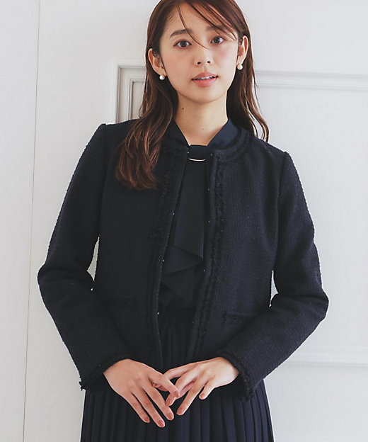 通勤・セレモニー／セットアップ対応＞ノーカラーツイードジャケット