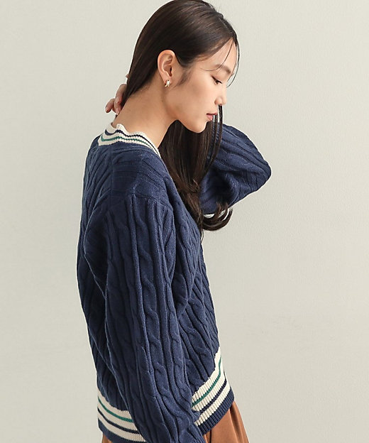 配色ラインチルデンVネックニット【洗濯機洗い可