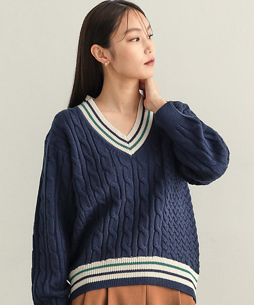 配色ラインチルデンVネックニット【洗濯機洗い可