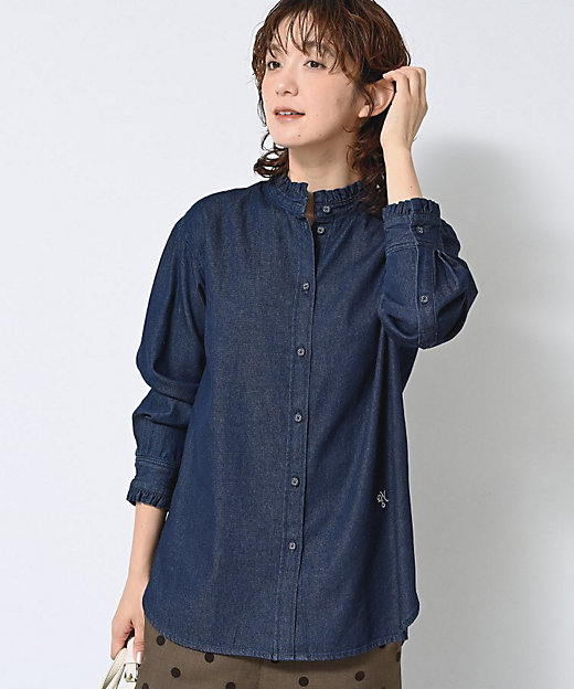 洗える】フリルデニムシャツ（2002531410） | Dessin (Women