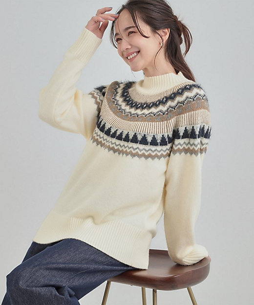 洗濯機可／S－LL】配色が大人かわいい フェアアイル柄求心ニット