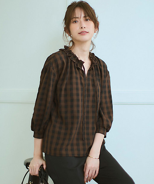 WEB＆一部店舗限定】ブロックチェック フリル ブラウス