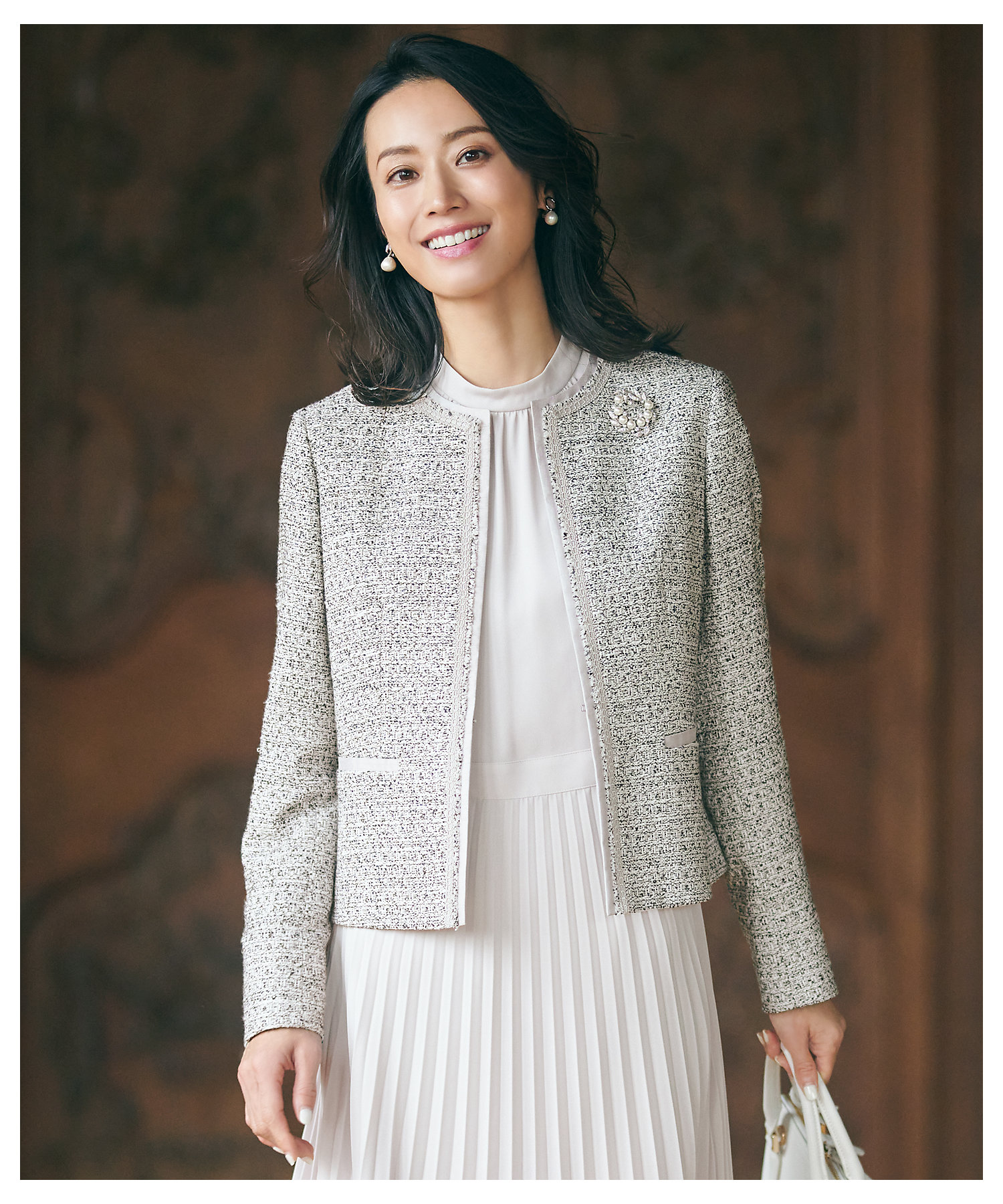 セットアップ対応】シャインツイードストレッチ ノーカラー ジャケット