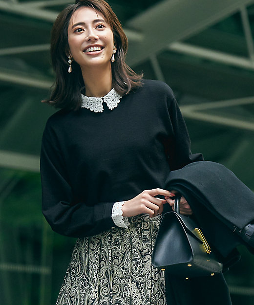 洗える】エンブロイダリー 襟デザイン ニット（KRWOCS0052