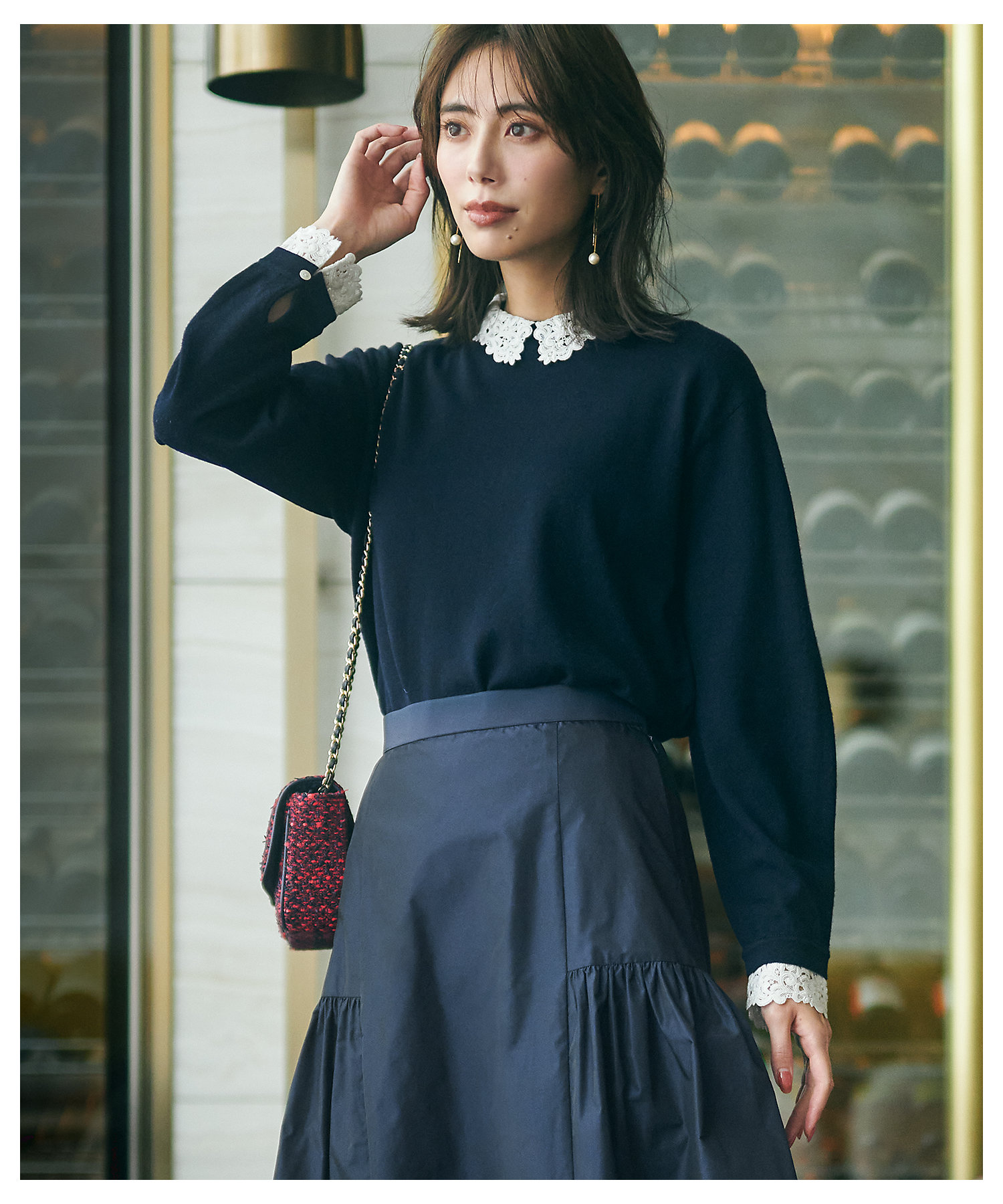 洗える】エンブロイダリー 襟デザイン ニット（KRWOCS0052