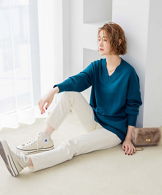 洗える】ウールミドルゲージ Vネック チュニック ニット