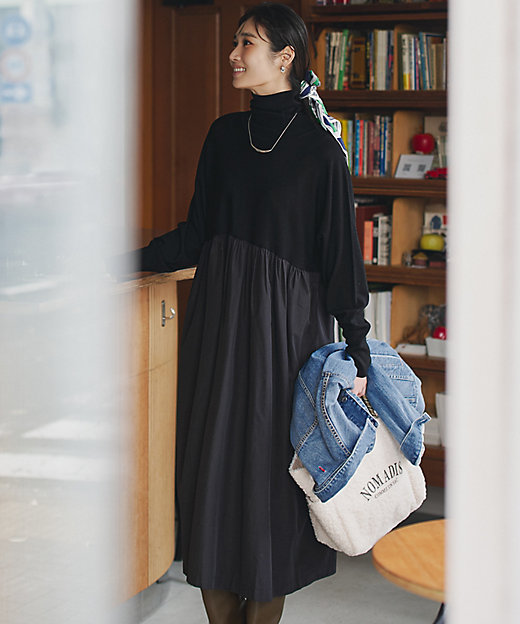 洗える】ギャザーコンビ ニットワンピース（OPWSGW0658