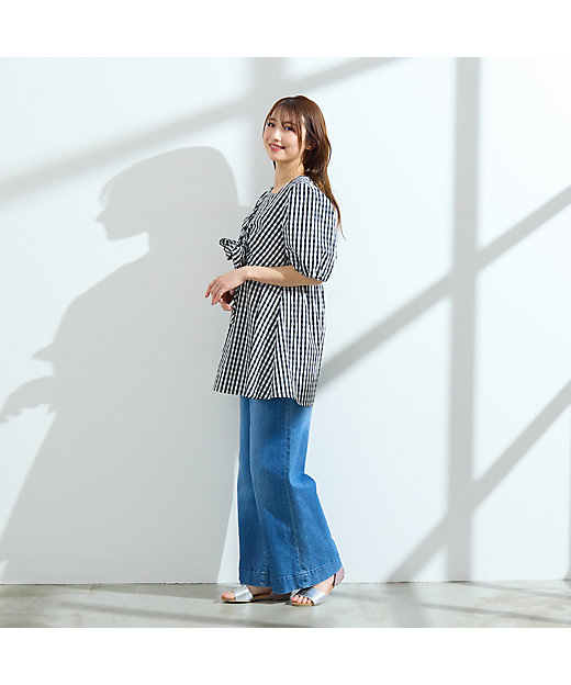 コットン100％／手洗い可】ギンガムチェックリボンブラウス