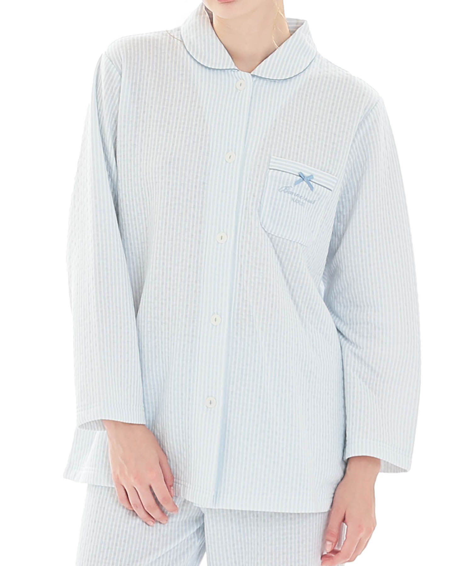 接結（綿入り）ストライプシャツパジャマ 25ー82412 | Narue