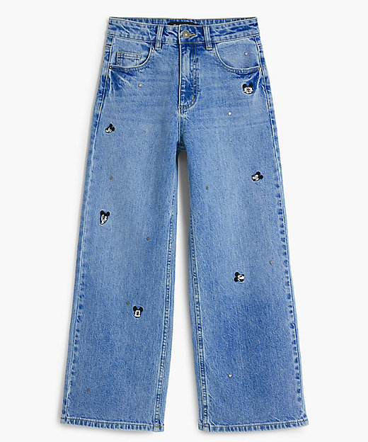 ミッキーマウス刺繍 ハートアップリケ キュロットデニムパンツ