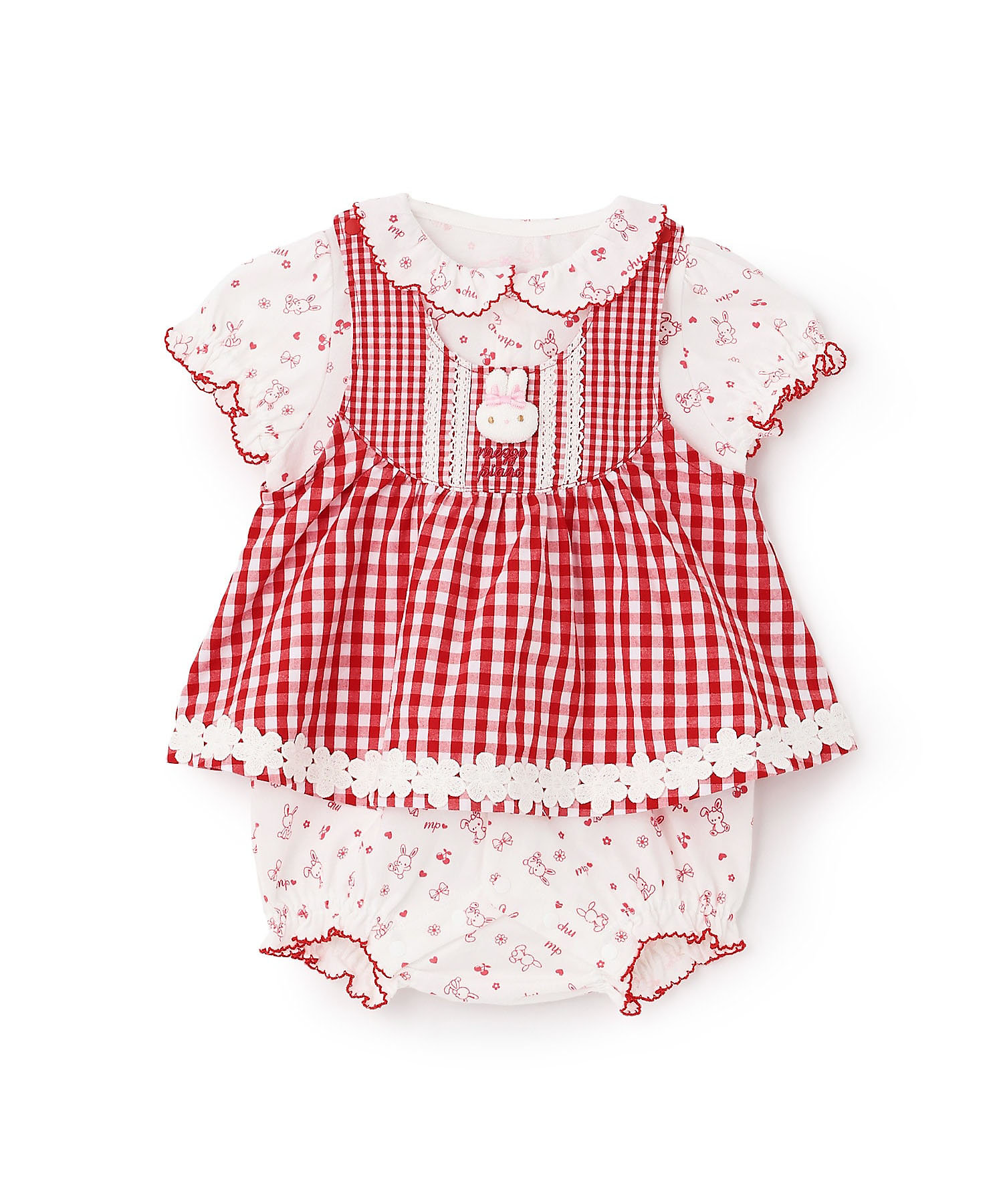 ウサギマスコットつきギンガムエプロン ロンパース 6261561