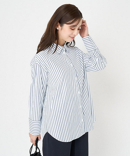 小さいサイズ】ストライプ柄オーバーシルエットシャツブラウス／洗える