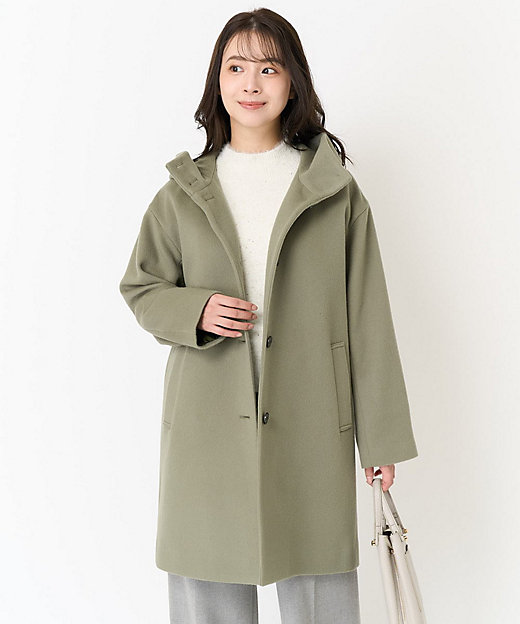 小さいサイズ】Super100sウール ミドル丈フーデットコート