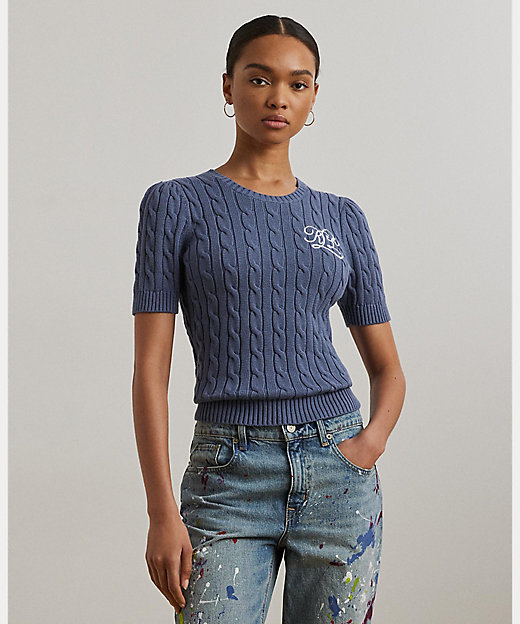 ケーブルニット コットン ショートスリーブ セーター