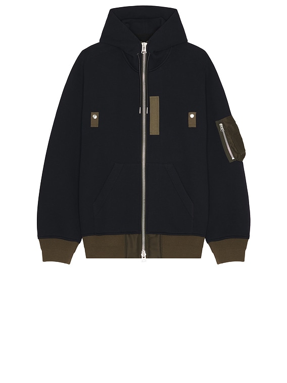 Sacai Sponge Sweat Hoodie in Navy & Dark Khaki | FWRD