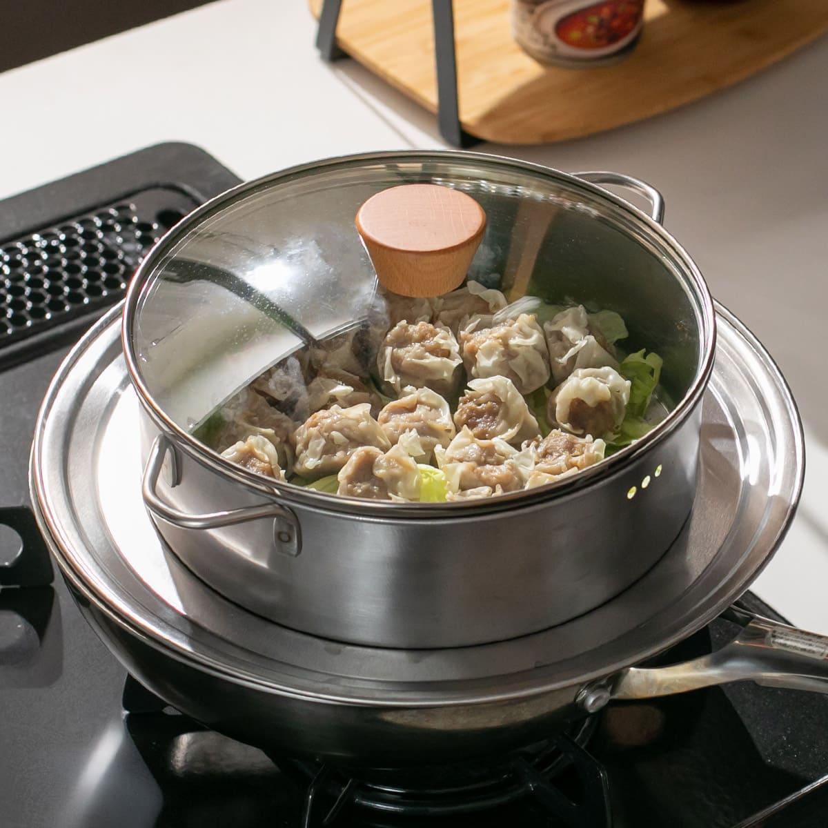 ステンレスせいろ浅 フタ・蒸し板付3点セット | itomani（いとまに