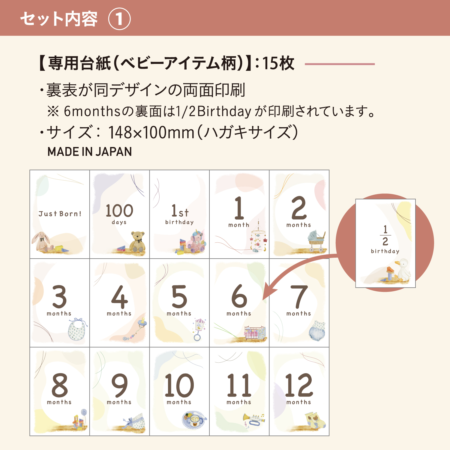 PALM COLORS シリーズ 月齢おててカードキット ベビーアイテム柄