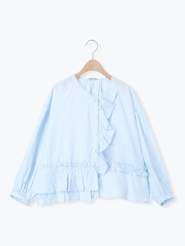 立川店/EC限定】リネン前開きフリルブラウス（オフホワイト/ブラック