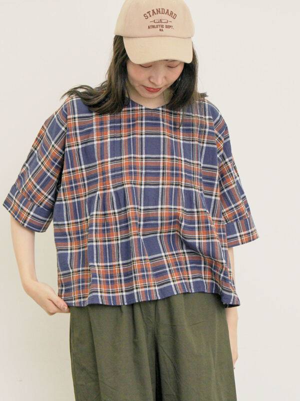 セール】 ◎チェック柄前後2WAYブラウス（オフホワイト/オレンジ