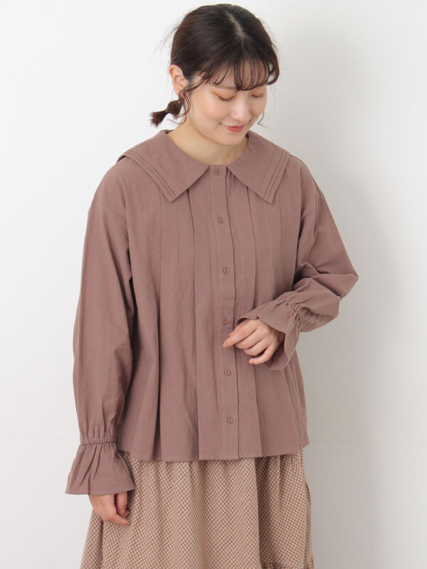 セール】 ビッグ襟ピンタックブラウス（ブラック/モカ/キナリ/トップス