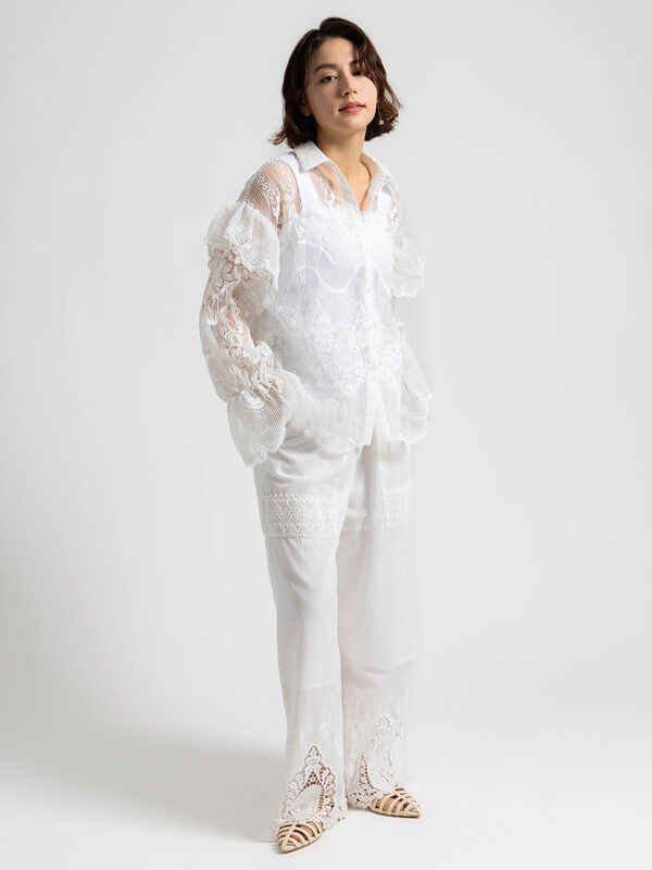 Atelier ChouChou】オーガンジーレースフリルシャツブラウス（オフ