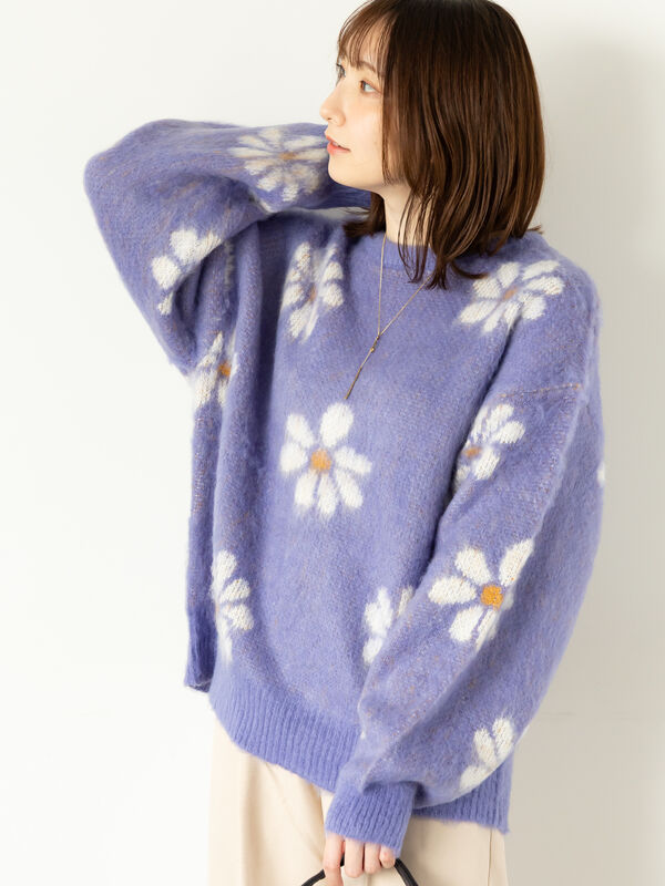 セール】 起毛花柄ジャカードニットプルオーバー（グレー/ブラック