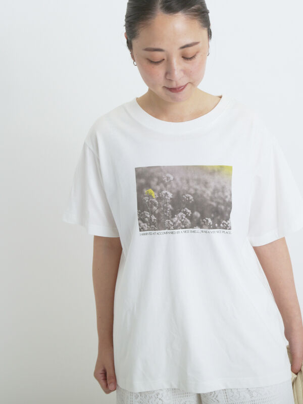 セール】 フォトプリントTシャツ(フラワー)（オフホワイト/Sグレー