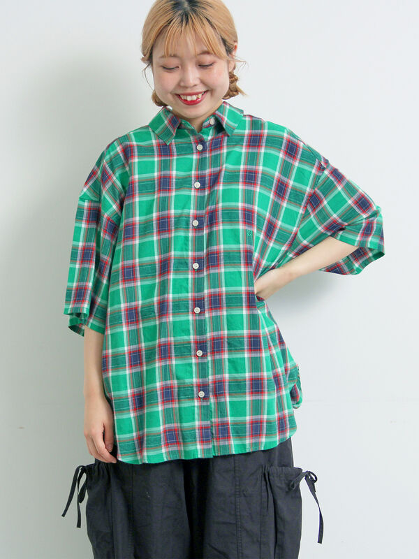セール】 [接触冷感]チェック柄アソート半袖シャツ（ピンク/グリーン