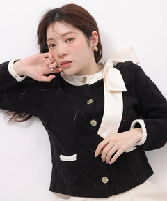 WEB LIMITED]〈MARIEBELLEコラボ〉Ribbon Shiny Knit Jacket | カーデ