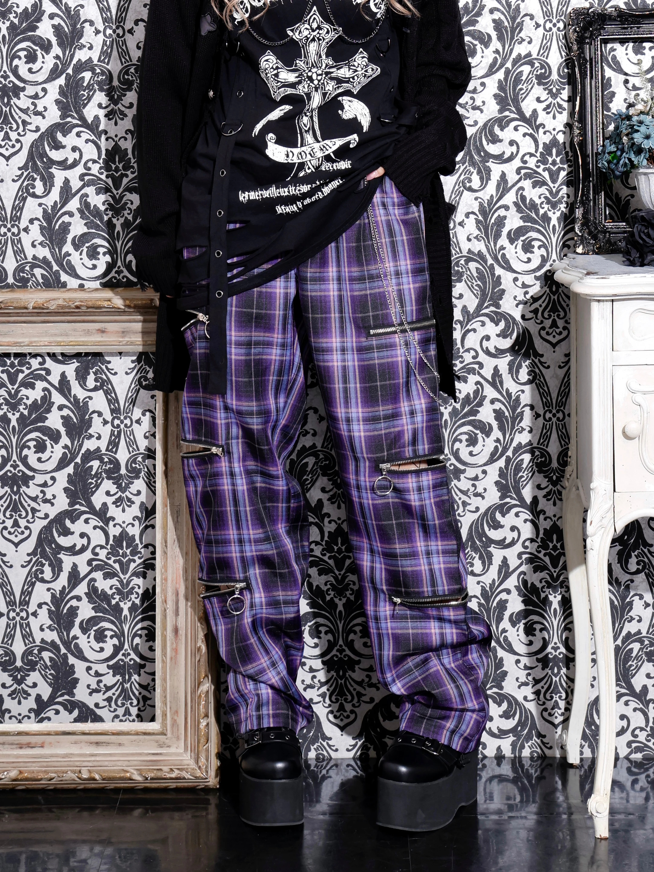 ファスナーいっぱいユニセックスパンツ（ロングパンツ｜黒・A柄・紫