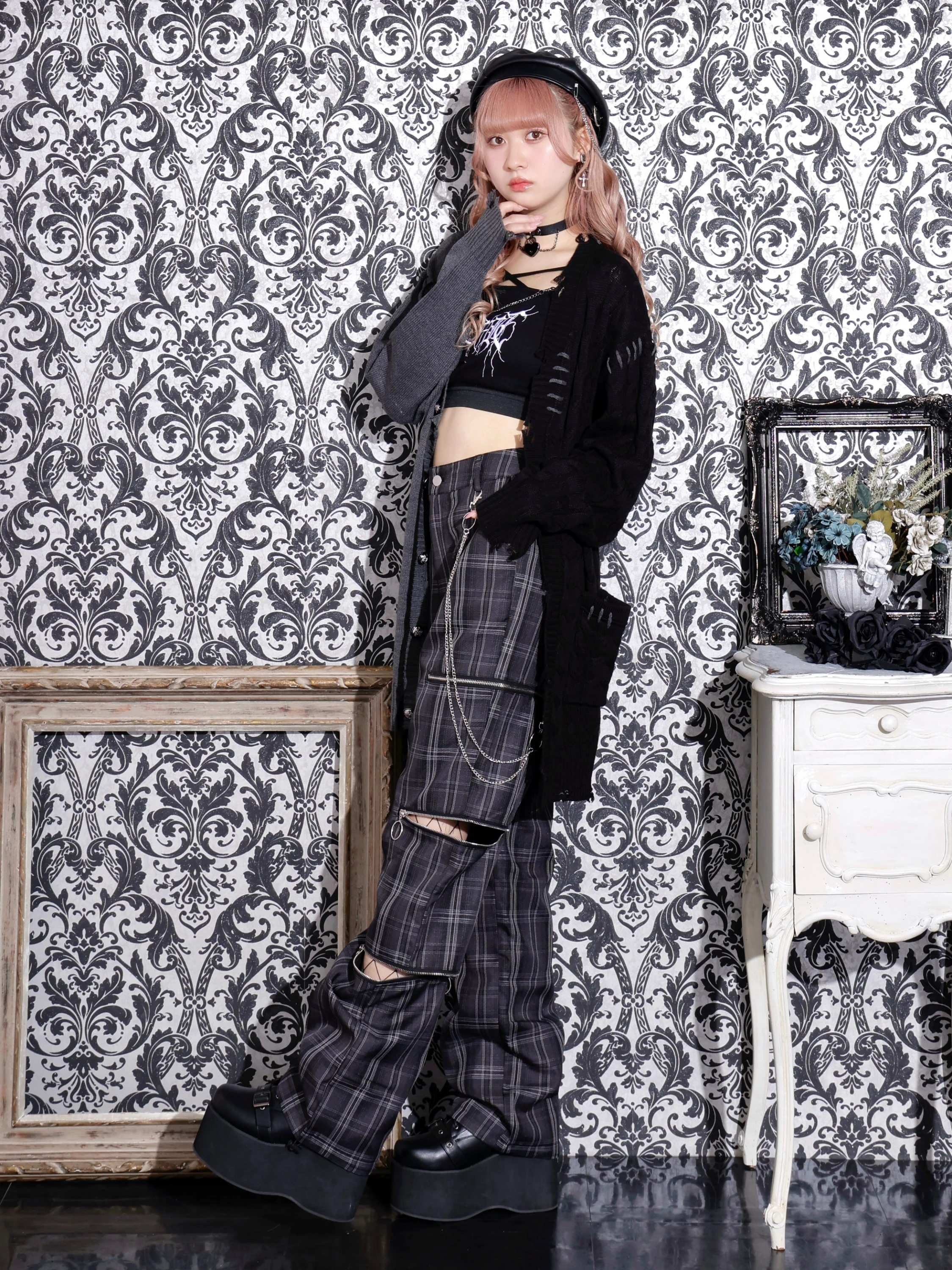 ファスナーいっぱいユニセックスパンツ（ロングパンツ｜黒・A柄・紫