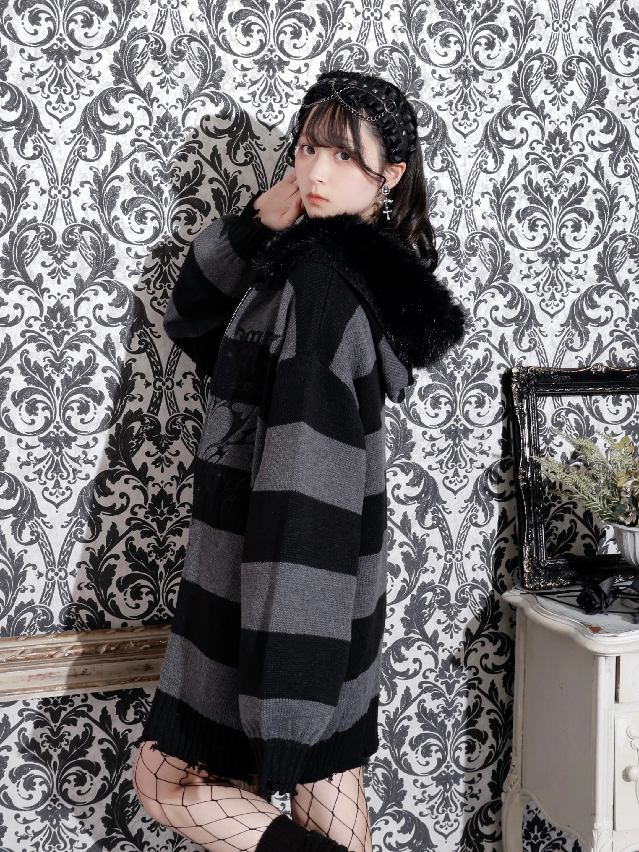 フードファーダメージユニセックスニットZIPパーカー（パーカー｜紫