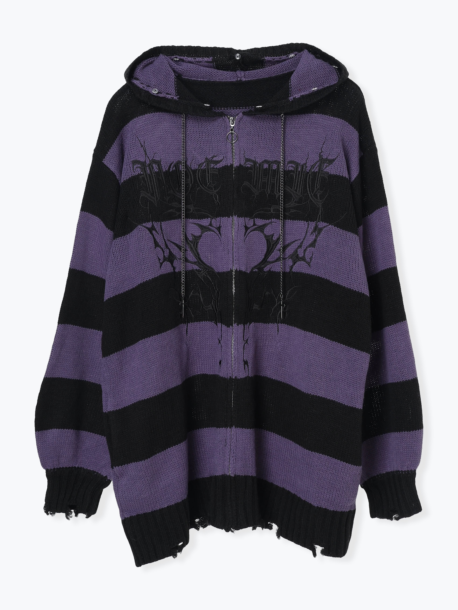 フードファーダメージユニセックスニットZIPパーカー（パーカー｜紫