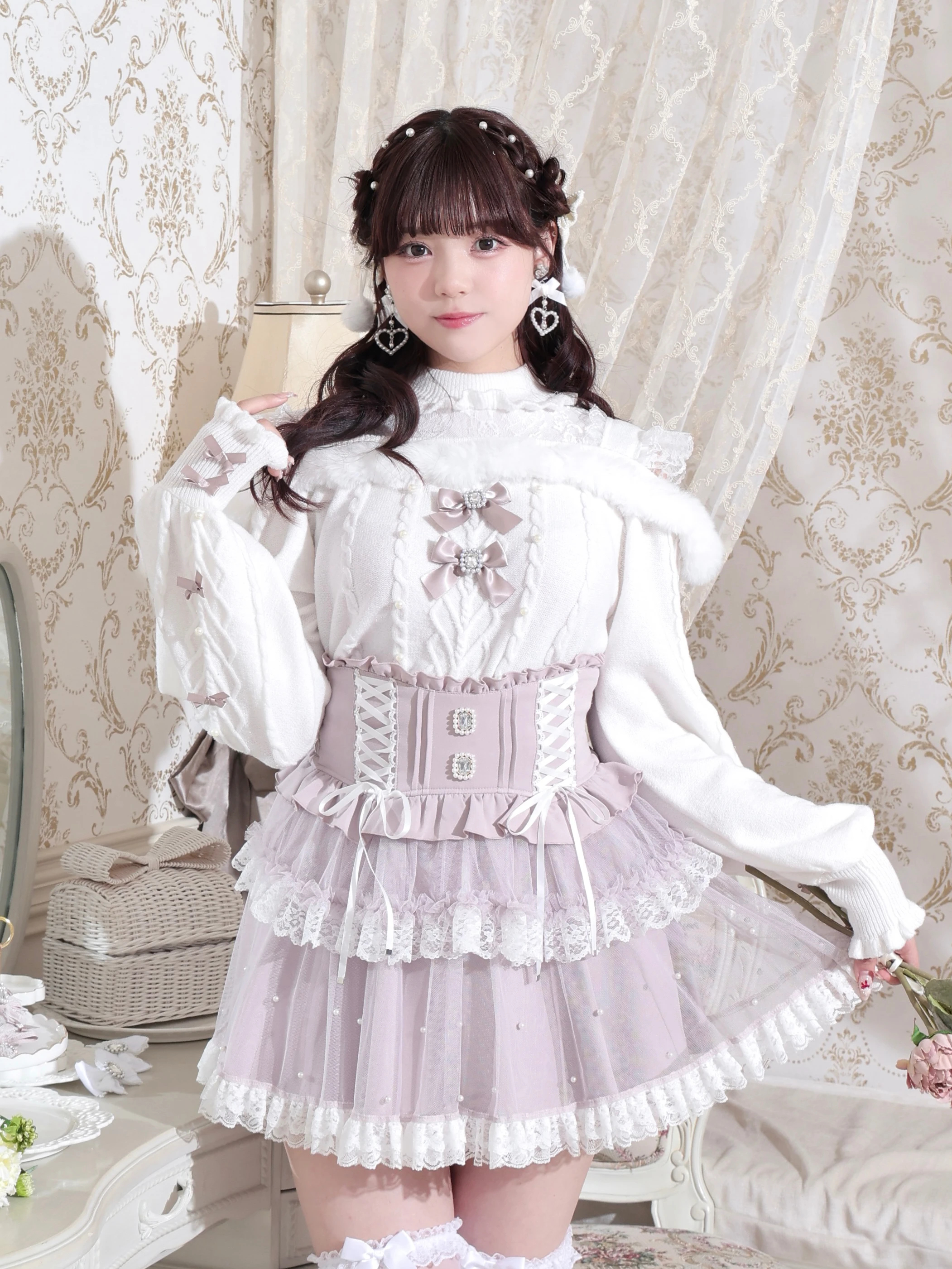 ビジューリボンケーブルオフショルファーニット（ニット・セーター