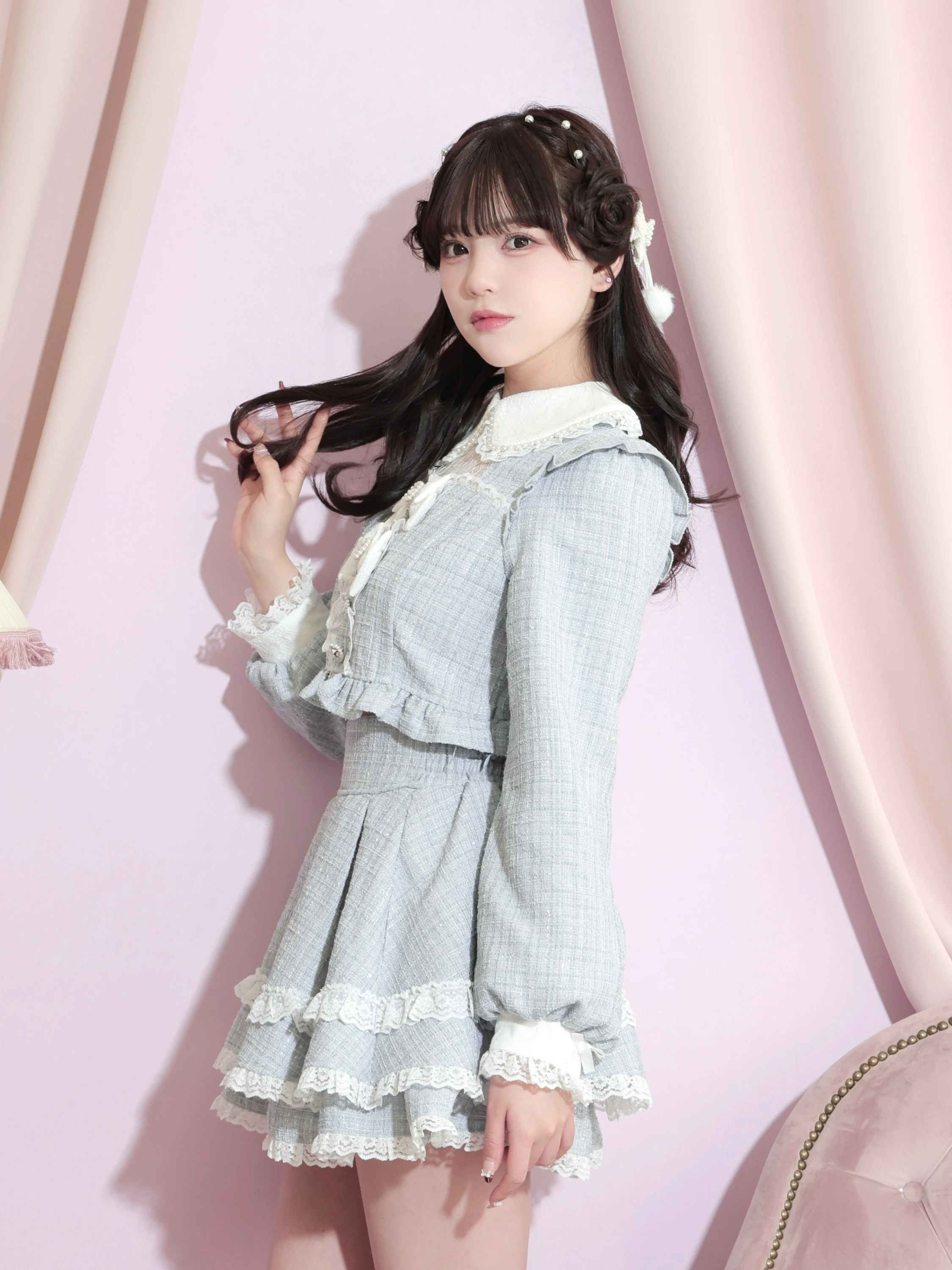 キラキラツイードデコルテレースセットアップ（セットアップ｜ピンク