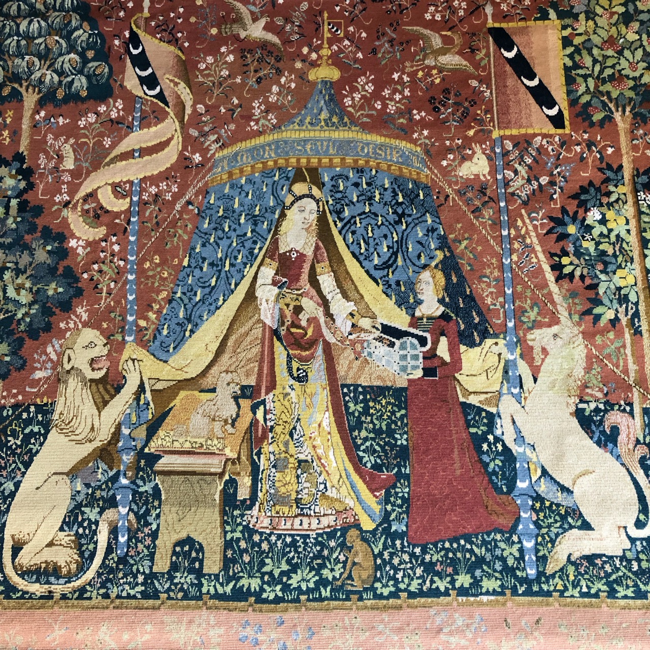 フランスアンティーク・手刺繍タペストリー・貴婦人と一角獣・我が唯一