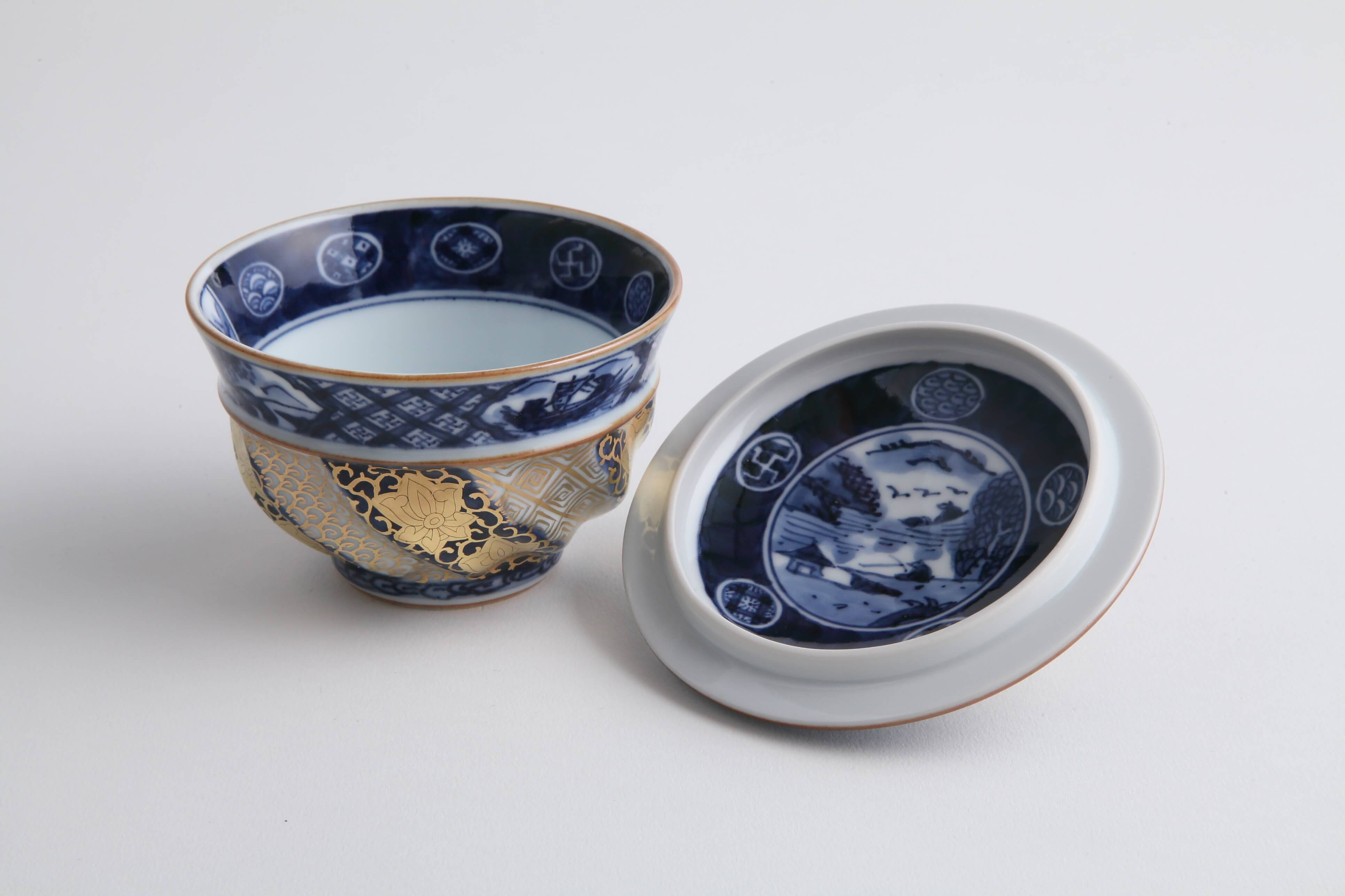 金襴手花唐草（青） 蓋付汲出揃