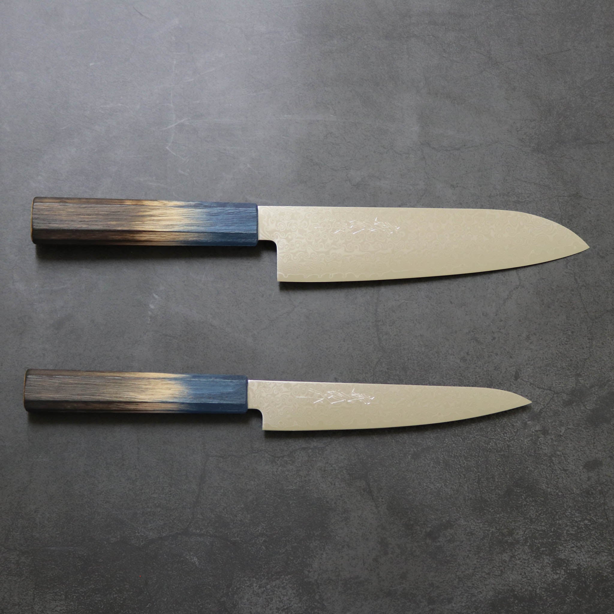 堺打刃物 包丁セット | ダマスカス67層 ペティ× 三徳 両刃 | 暁ハンドル