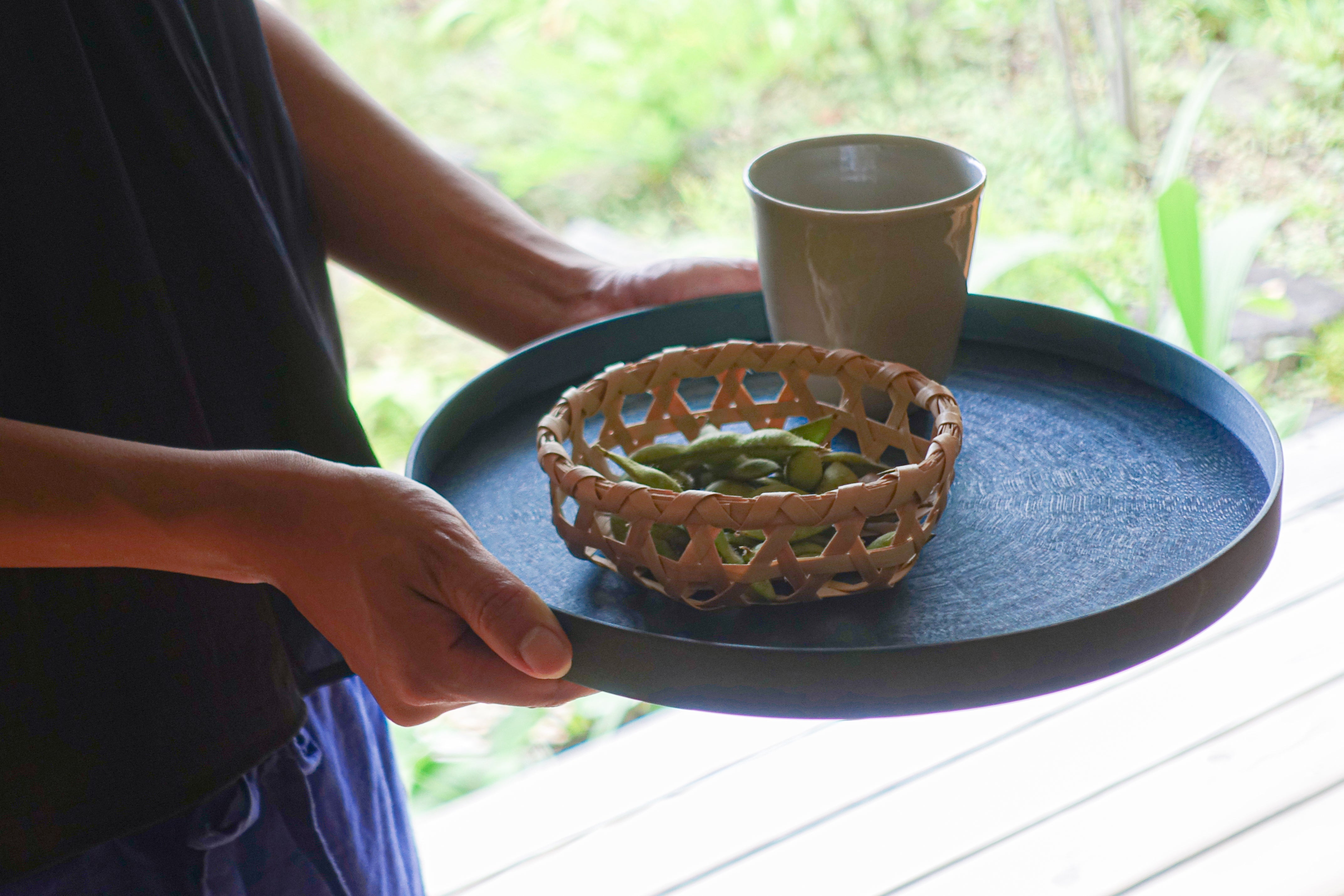お盆 トレイ | Round Rays Tray (丸) S φ280 | ホワイトシカモア 藍染