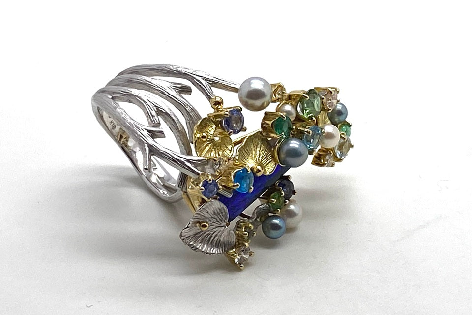 福原佐智】K18WG/YGボルダーオパール パール ダイヤ トルマリンリング