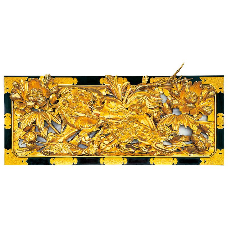 欄間 牡丹に唐獅子彫刻入 本漆塗 純金箔押 框金具打 極上 基準寸法横幅