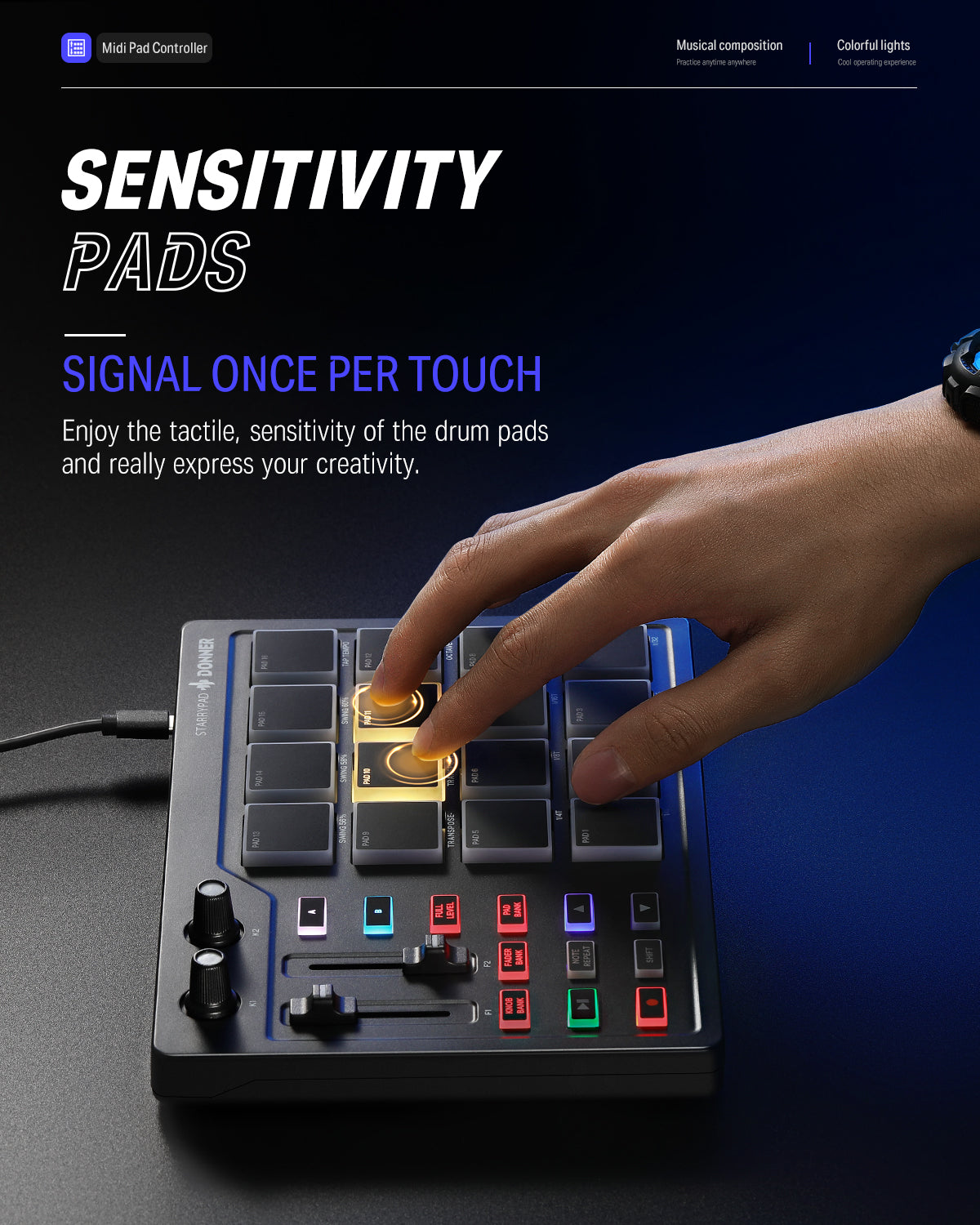 STARRYPAD 16パッドMIDIコントローラー音楽制作初心者向け Donner
