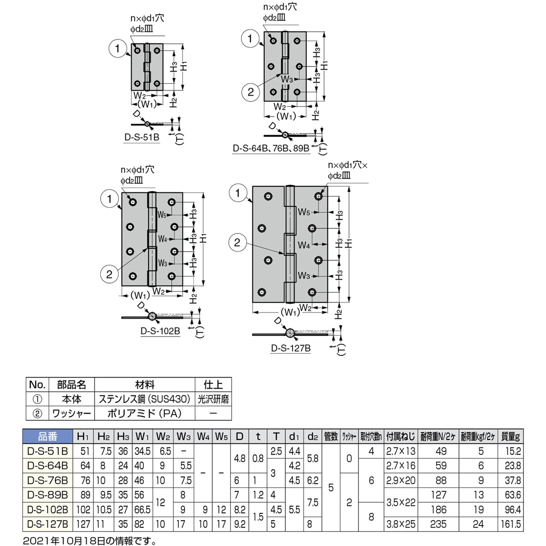 D-S-64B ステンレス鋼製平丁番 D-S-B型 1個 LAMP(スガツネ工業) 【通販